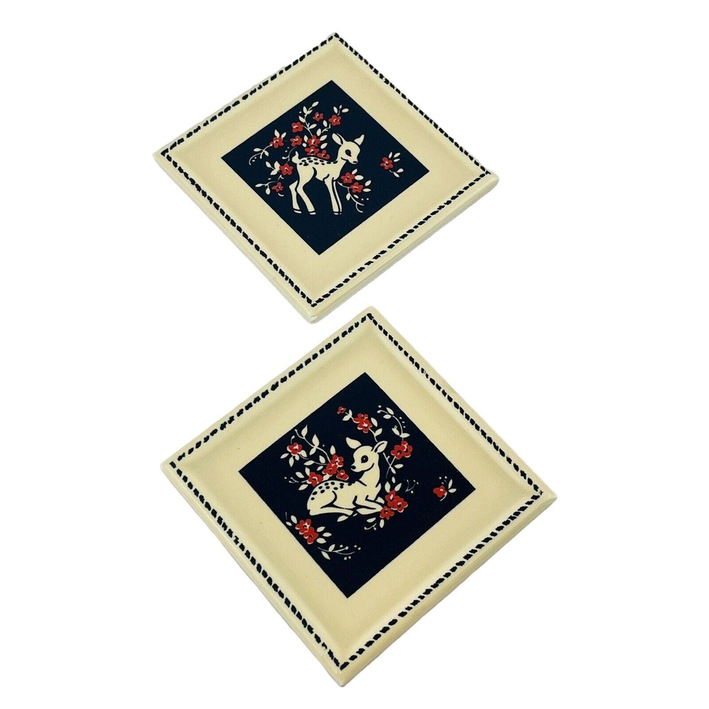 Vintage Kemptone‎ Deer Tile Set of 2 Ivory Blue Pink Flowers 4x4 Original Box